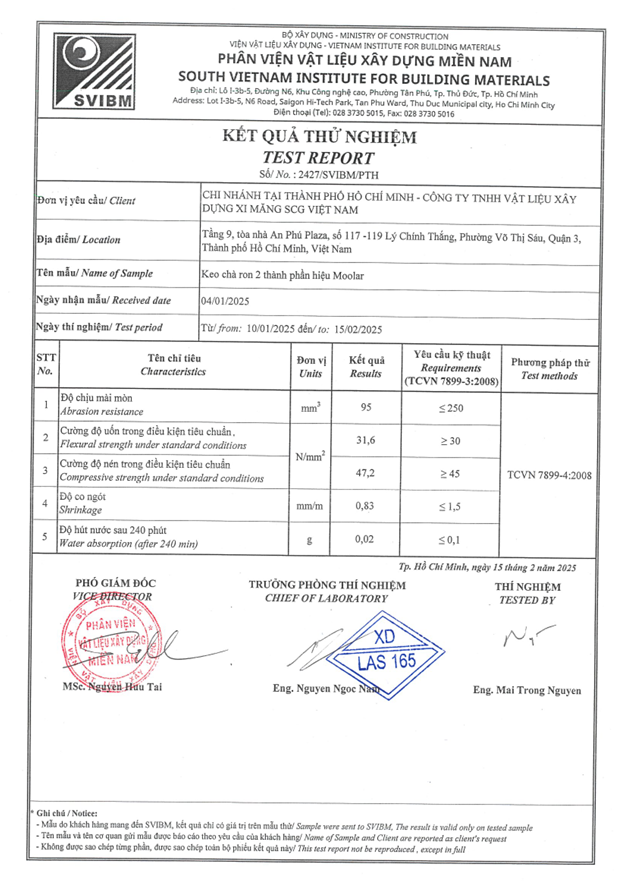 chứng chỉ kỹ thuật moolar