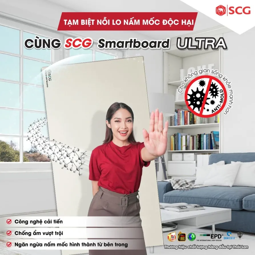 SCG Smartboard ULTRA: Giải pháp trần - vách - sàn, bền bỉ hơn trước nấm mốc và mối mọt 13 SCG Smartboard ULTRA: Giải pháp trần - vách - sàn, bền bỉ hơn trước nấm mốc và mối mọt Tấm SCG Smartboard ULTRA chống nấm mốc