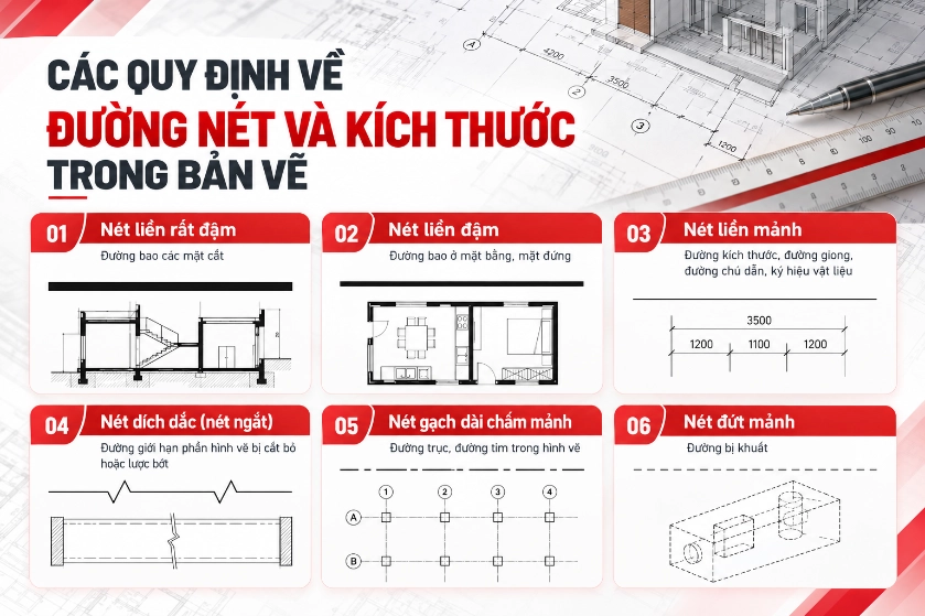 Hướng dẫn cách đọc bản vẽ xây dựng nhà ở đơn giản, chi tiết từ A - Z 12 Hướng dẫn cách đọc bản vẽ xây dựng nhà ở đơn giản, chi tiết từ A - Z quy định về đường nét và kích thước trong bản vẽ