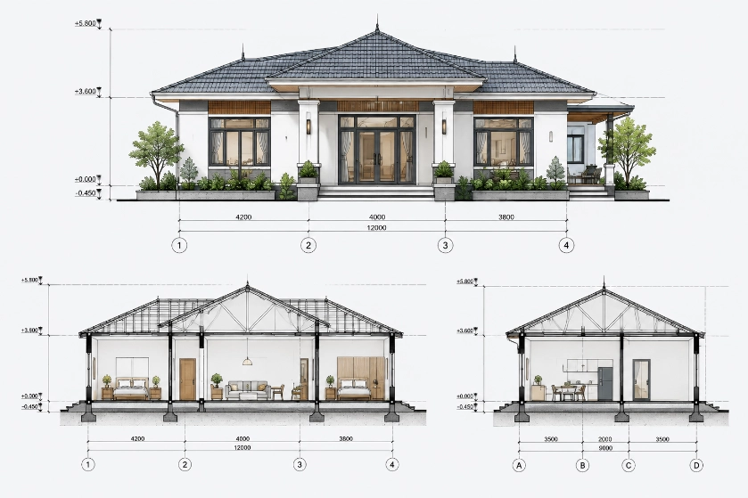 Hướng dẫn cách đọc bản vẽ xây dựng nhà ở đơn giản, chi tiết từ A - Z 14 Hướng dẫn cách đọc bản vẽ xây dựng nhà ở đơn giản, chi tiết từ A - Z bản vẽ mặt đứng